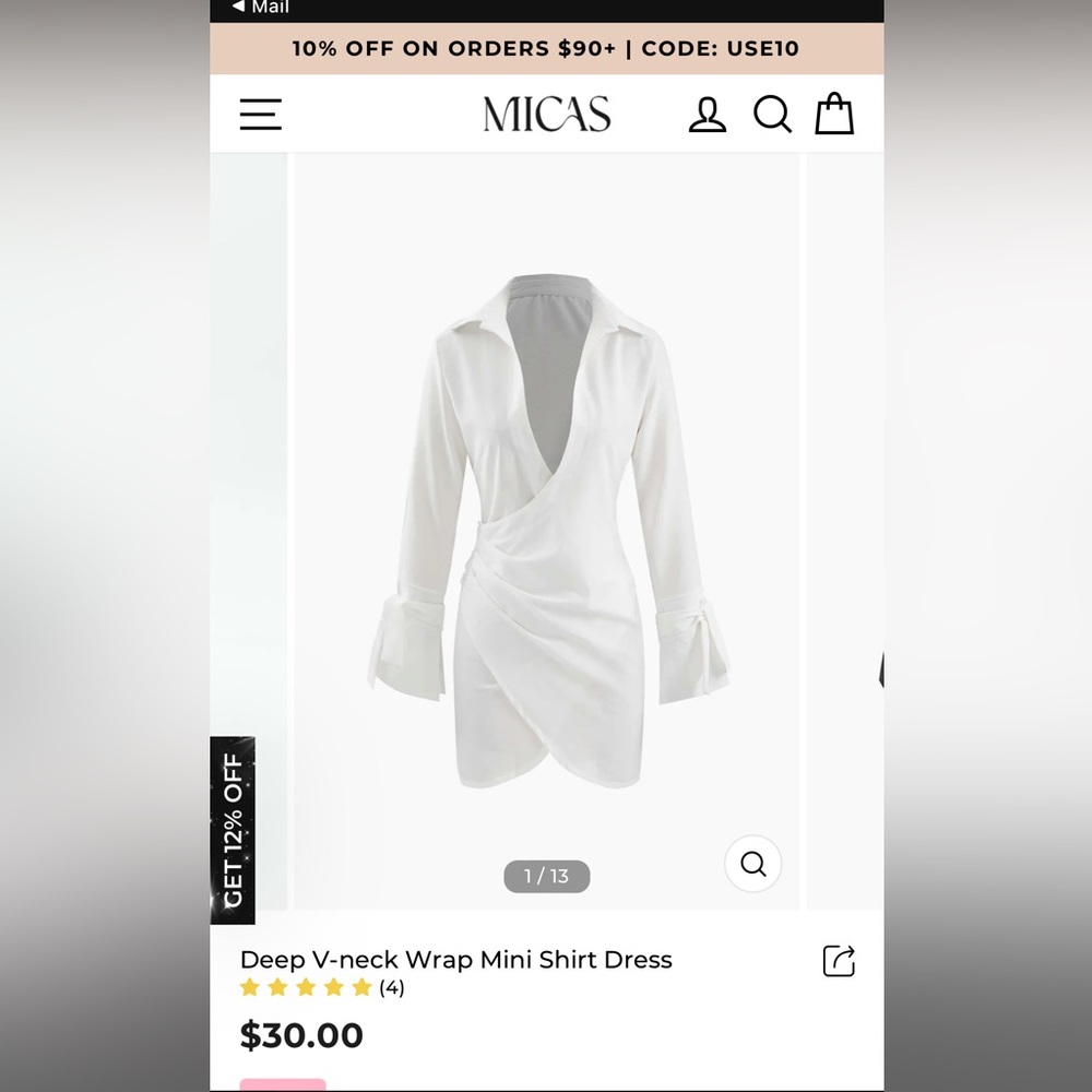 White deep V faux wrap dress
